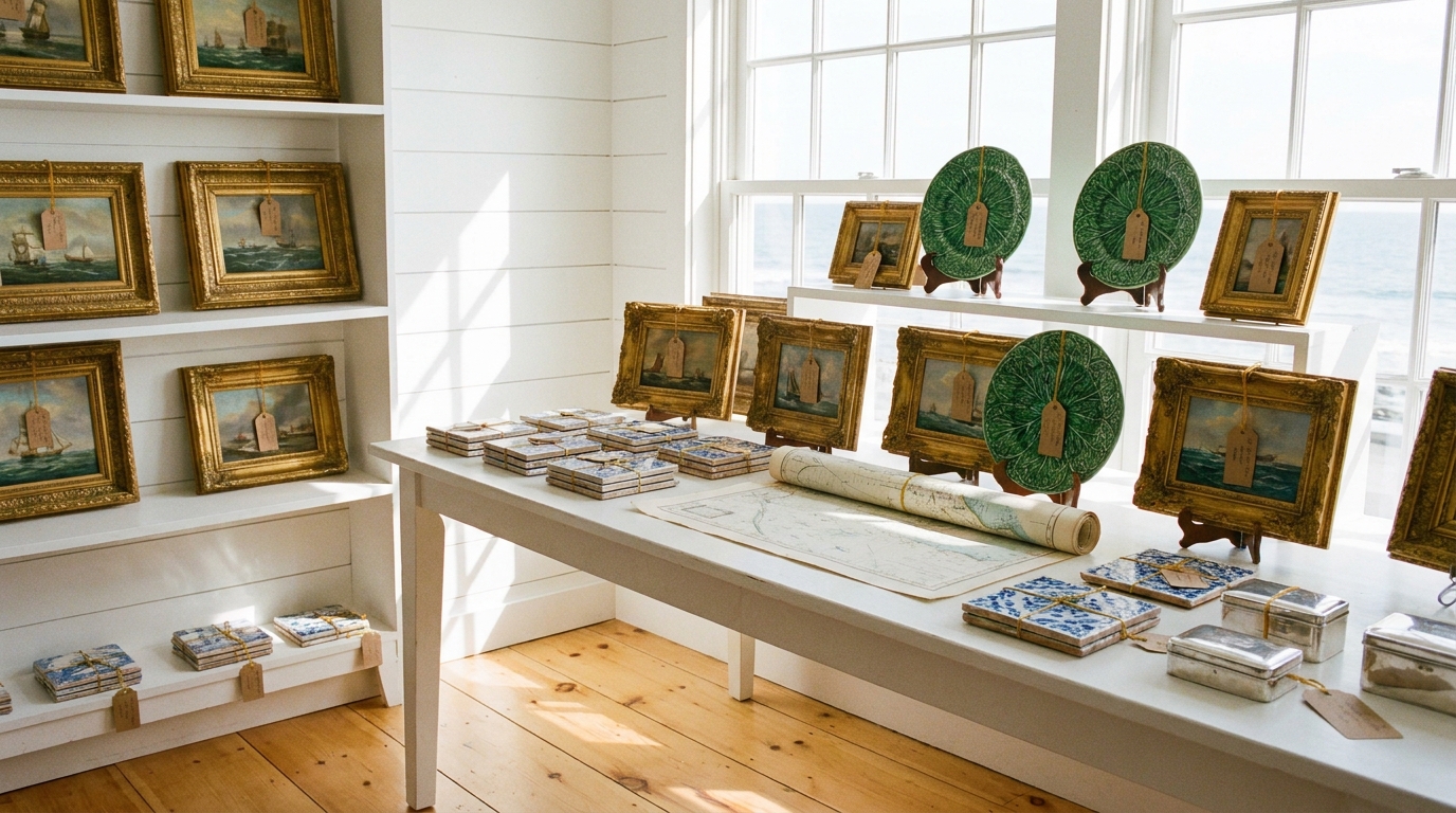 An open vintage suitcase on a white bed by a window, packed with small framed seascapes, a green majolica plate, tied Portuguese tiles, a rolled sea chart and silver boxes, each with a kraft tag.