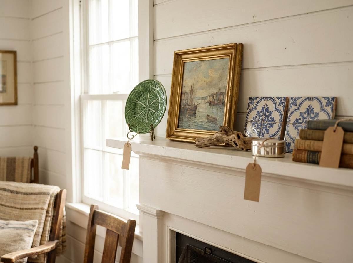 A white mantel in a Seacoast living room with a small harbor painting, a green Bordallo plate, two azulejo tiles, and a silver box, each tagged.