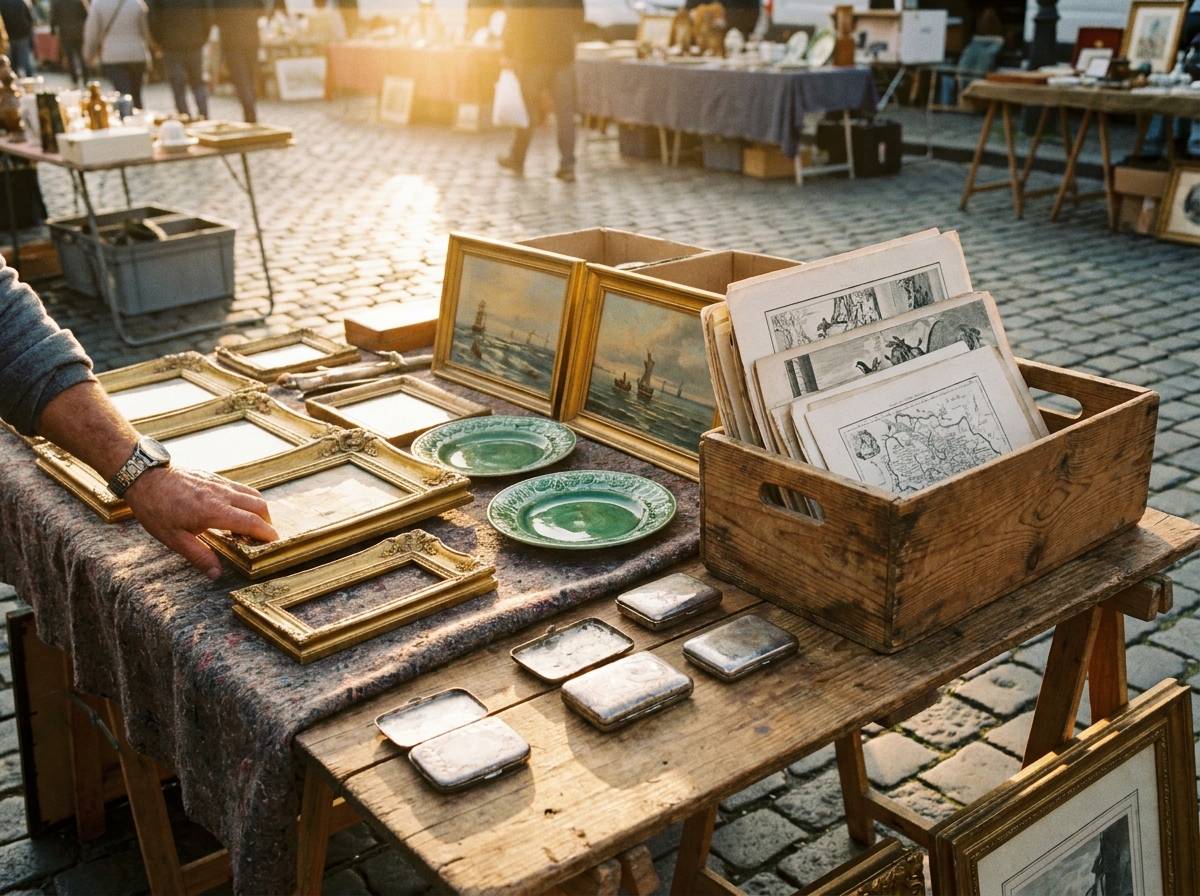 A flea market table at dawn with gilt frames, small seascapes, green majolica plates and a crate of prints.