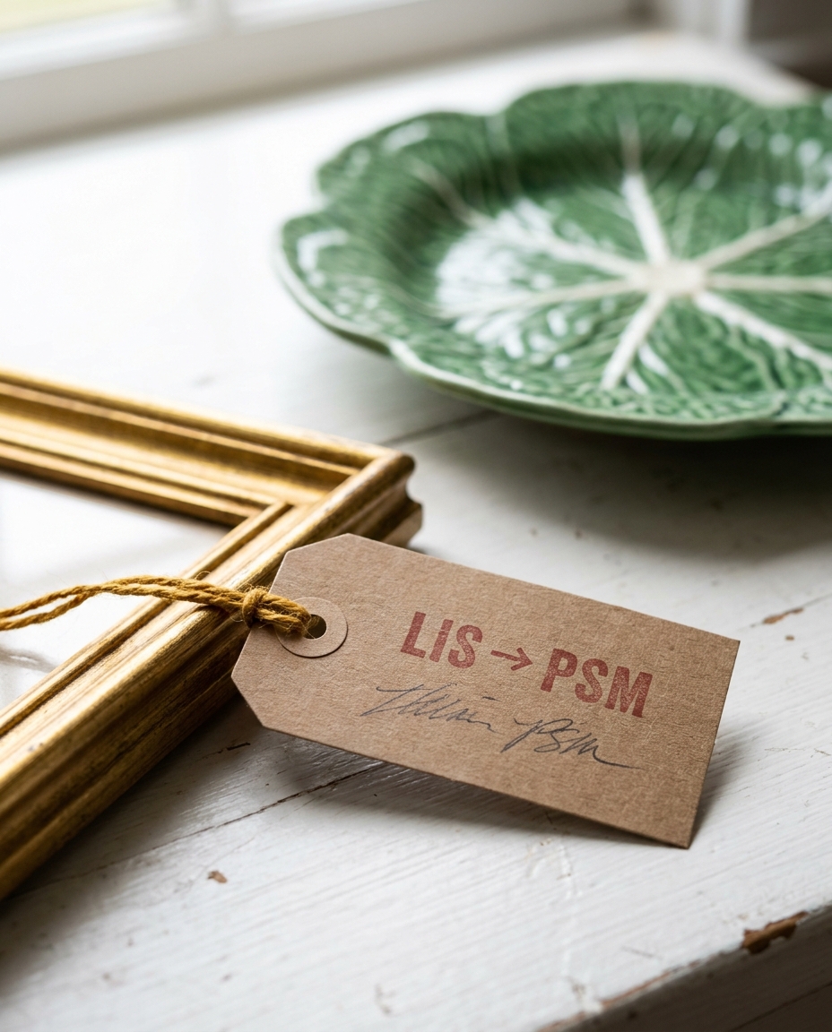 A kraft luggage tag tied with ochre string to a small gilt frame, stamped with a route and handwritten notes.